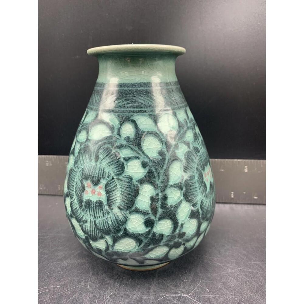 Korean Celadon Green Porcelain Ceramic Art Pottery Flower Art Pottery Asian Vase - Picture 10 of 10